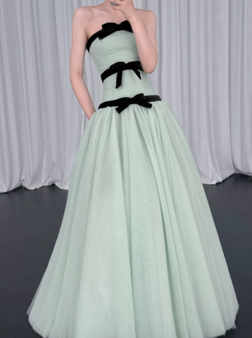 Girlish Soft Green Bow Flowy Strapless A-Line Long Prom Dress Birthday Dress Ball Gown YM2660