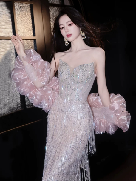 Glitter Blush Pink Tassel Decor Sweetheart A-Line Long Prom Dress Birthday Dress YM2630