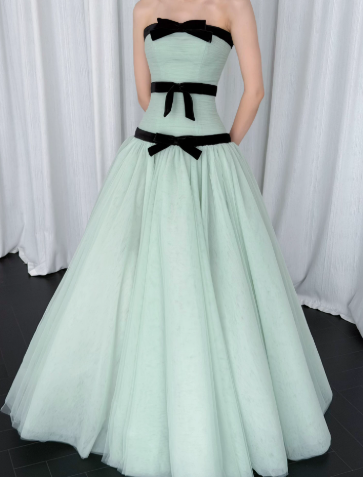 Girlish Soft Green Bow Flowy Strapless A-Line Long Prom Dress Birthday Dress Ball Gown YM2660