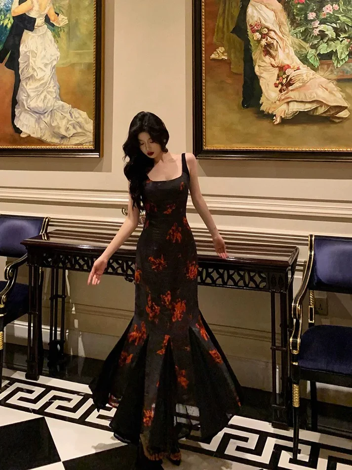 Sexy Mermaid Floral Black Prom Dress Birthday Party Dress YM1703