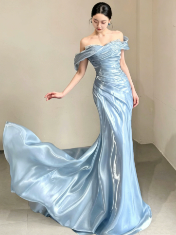 Sparkly Baby Blue Silky Satin Strapless Mermaid Long Prom Dress Birthday Dress Ball Gown YM2661