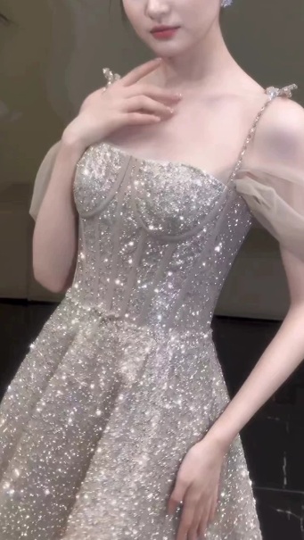 Glitter Sliver Sequins Spaghetti Straps A-Line Long Prom Dress Birthday Dress YM2631