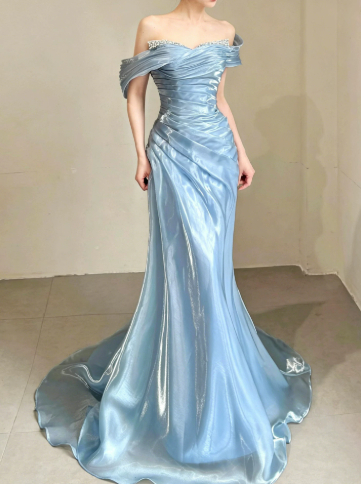 Sparkly Baby Blue Silky Satin Strapless Mermaid Long Prom Dress Birthday Dress Ball Gown YM2661