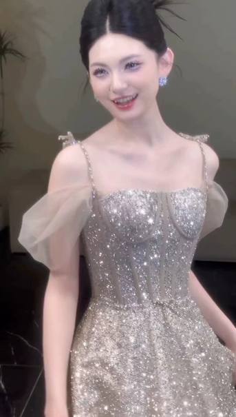 Glitter Sliver Sequins Spaghetti Straps A-Line Long Prom Dress Birthday Dress YM2631