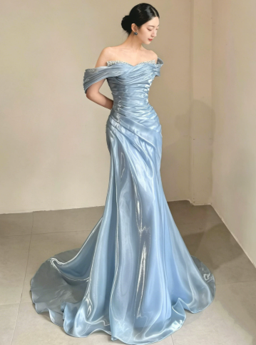Sparkly Baby Blue Silky Satin Strapless Mermaid Long Prom Dress Birthday Dress Ball Gown YM2661