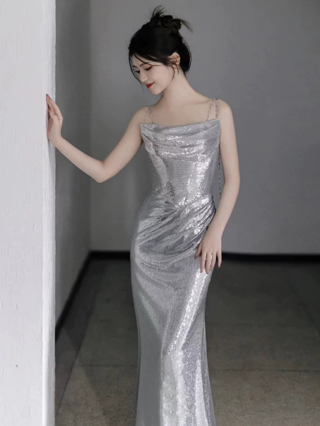 Sparkly Sliver Silky Spaghetti Straps Mermaid Long Prom Dress Party Cami Dress YM2632