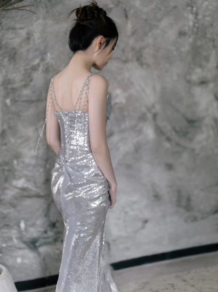 Sparkly Sliver Silky Spaghetti Straps Mermaid Long Prom Dress Party Cami Dress YM2632