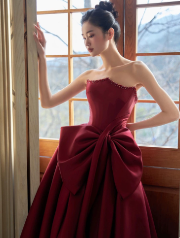 Retro Burgundy Puffy High End Spaghetti Straps A-Line Long Prom Dress Birthday Dress Ball Gown YM2664