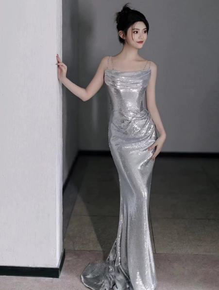 Sparkly Sliver Silky Spaghetti Straps Mermaid Long Prom Dress Party Cami Dress YM2632