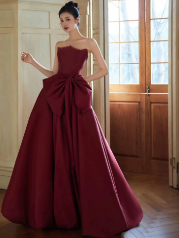 Retro Burgundy Puffy High End Spaghetti Straps A-Line Long Prom Dress Birthday Dress Ball Gown YM2664