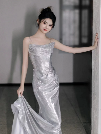 Sparkly Sliver Silky Spaghetti Straps Mermaid Long Prom Dress Party Cami Dress YM2632
