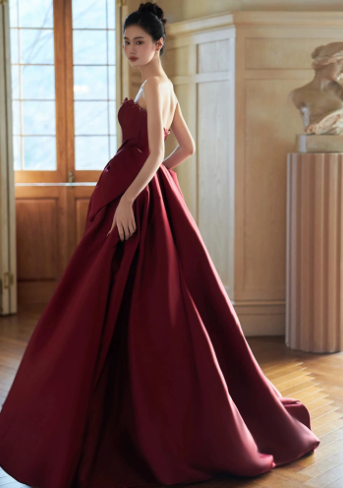 Sparkly Red Silky Satin Puffy Strapless A-Line Long Prom Dress Birthday Dress Ball Gown YM2662
