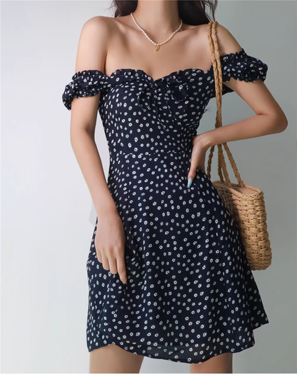 Retro Sexy Navy Blue Floral A-line Dress  YM473