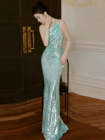 Slim Mint Green Sequins Glitter Spaghetti Straps A-Line Long Prom Dress Birthday Dress Ball Gown YM2663