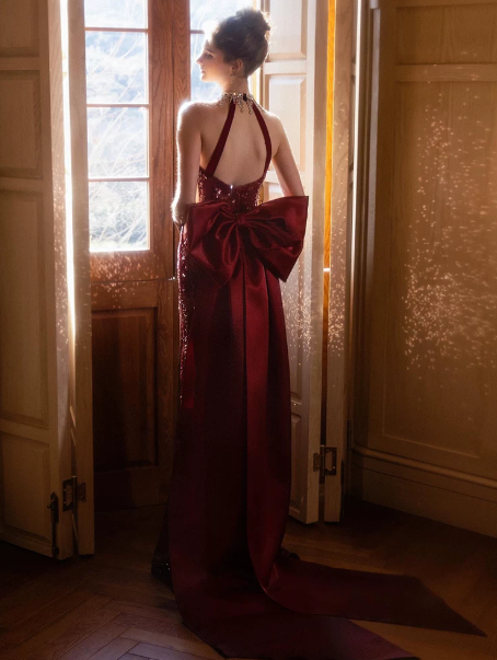 Sparkly Burgundy Silky Deep V-neck Mermaid Long Prom Dress Evening Dress YM2633
