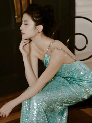 Slim Mint Green Sequins Glitter Spaghetti Straps A-Line Long Prom Dress Birthday Dress Ball Gown YM2663