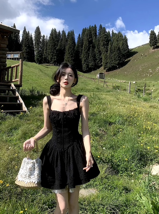Hepburn Style Black Suspender Dress Women's Slim Short Dress YM1749