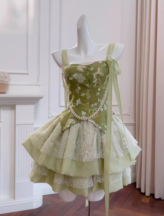 Green Spaghetti Straps Lace Satin Hoco Dress Temperament Birthday Dress YM2118
