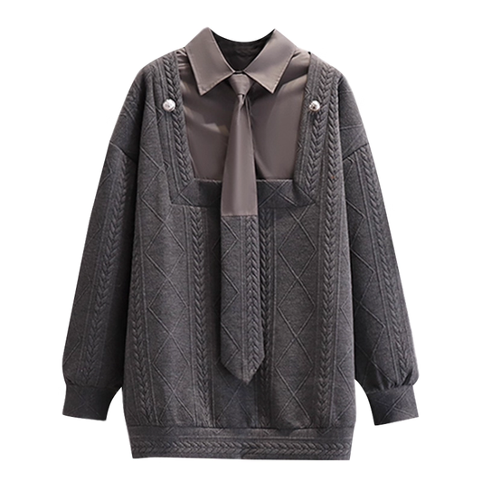 Gray Polo Collar Knitted Sweater For Women Autumn Loose Versatile Design Sweater YM2295