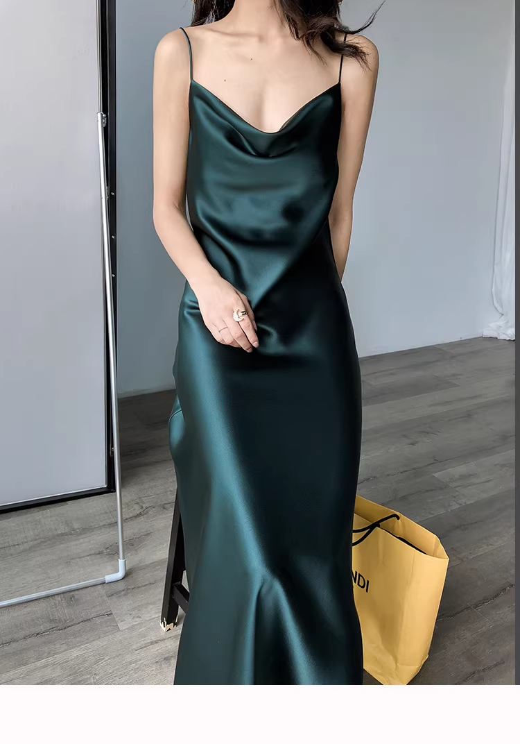 Elegant Dark Green Spaghetti Straps Satin Long Party Dress Holiday Dress YM2437