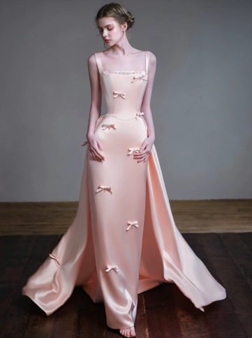 Sweet Pink Silky Satin Floral Spaghetti Straps A-Line Long Prom Dress Birthday Dress Ball Gown YM2666