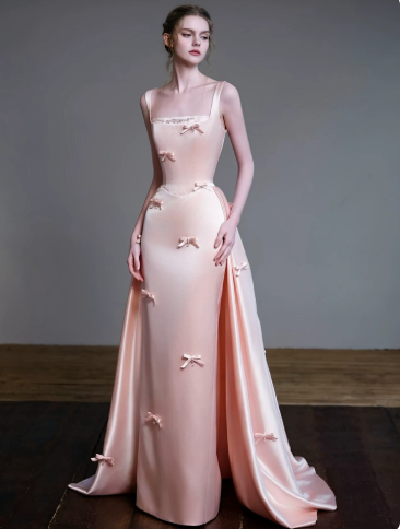 Sweet Pink Silky Satin Floral Spaghetti Straps A-Line Long Prom Dress Birthday Dress Ball Gown YM2666