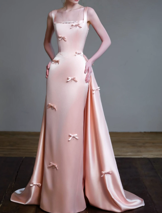 Sweet Pink Silky Satin Floral Spaghetti Straps A-Line Long Prom Dress Birthday Dress Ball Gown YM2666