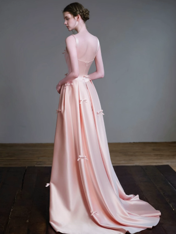 Sweet Pink Silky Satin Floral Spaghetti Straps A-Line Long Prom Dress Birthday Dress Ball Gown YM2666