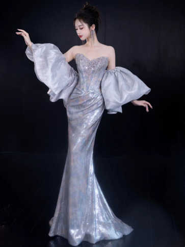 Sparkly Sliver Silky Satin Beaded Strapless A-Line Long Prom Dress Birthday Dress Ball Gown YM2667