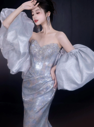Sparkly Sliver Silky Satin Beaded Strapless A-Line Long Prom Dress Birthday Dress Ball Gown YM2667