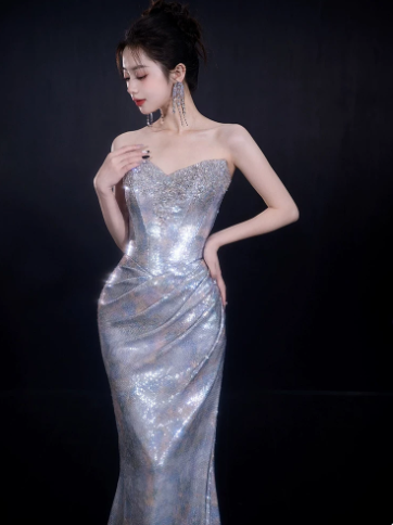 Sparkly Sliver Silky Satin Beaded Strapless A-Line Long Prom Dress Birthday Dress Ball Gown YM2667