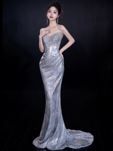 Sparkly Sliver Silky Satin Beaded Strapless A-Line Long Prom Dress Birthday Dress Ball Gown YM2667