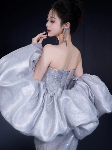 Sparkly Sliver Silky Satin Beaded Strapless A-Line Long Prom Dress Birthday Dress Ball Gown YM2667