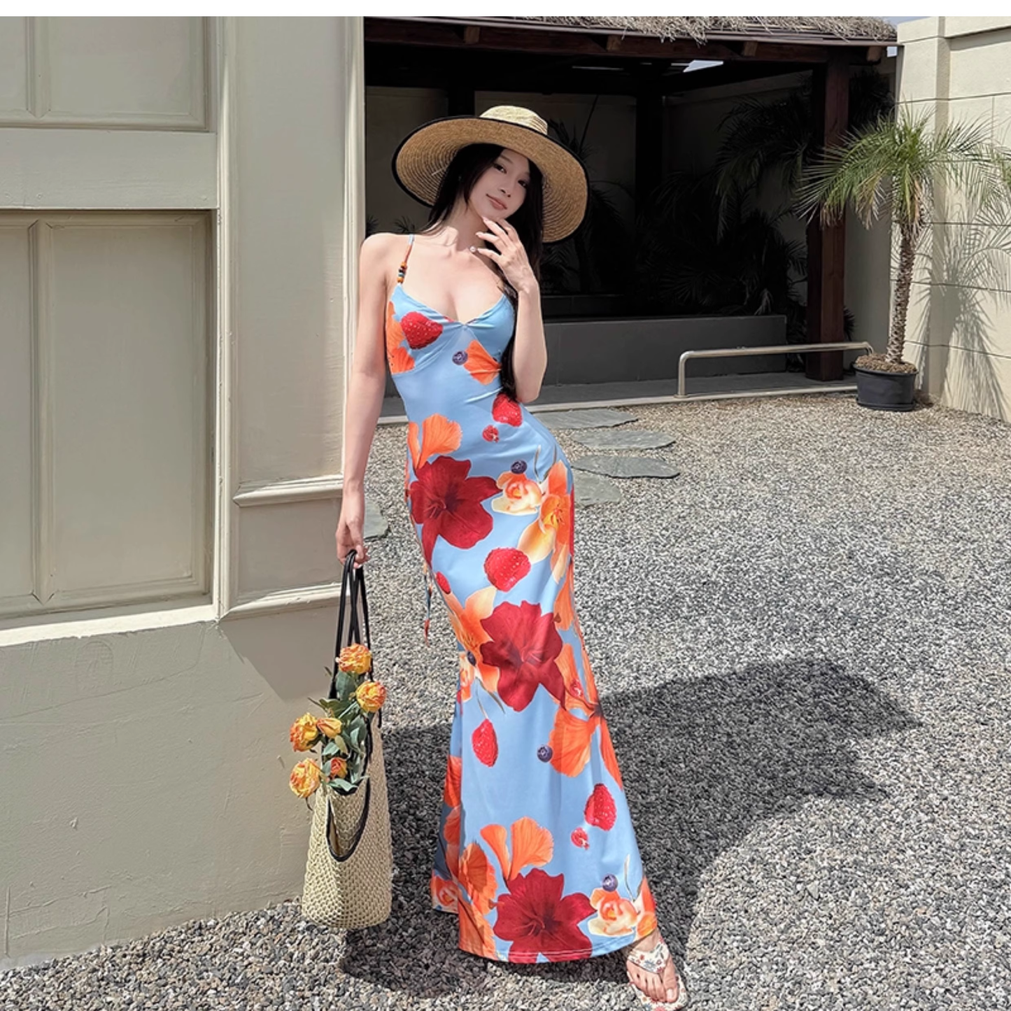 Island Vacation Dress Printed Suspender Beach Dress Sexy Backless Strap Sheath Long Dress YM2255