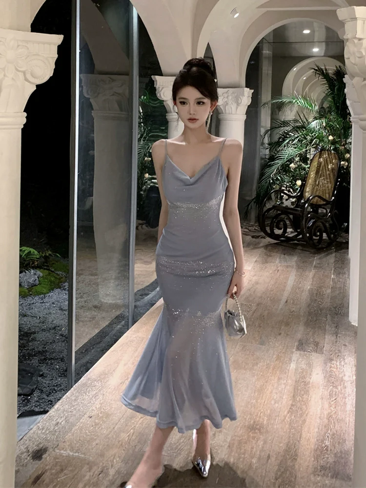 Charming Blue Straps Mermaid Dress Prom Dress YM1734