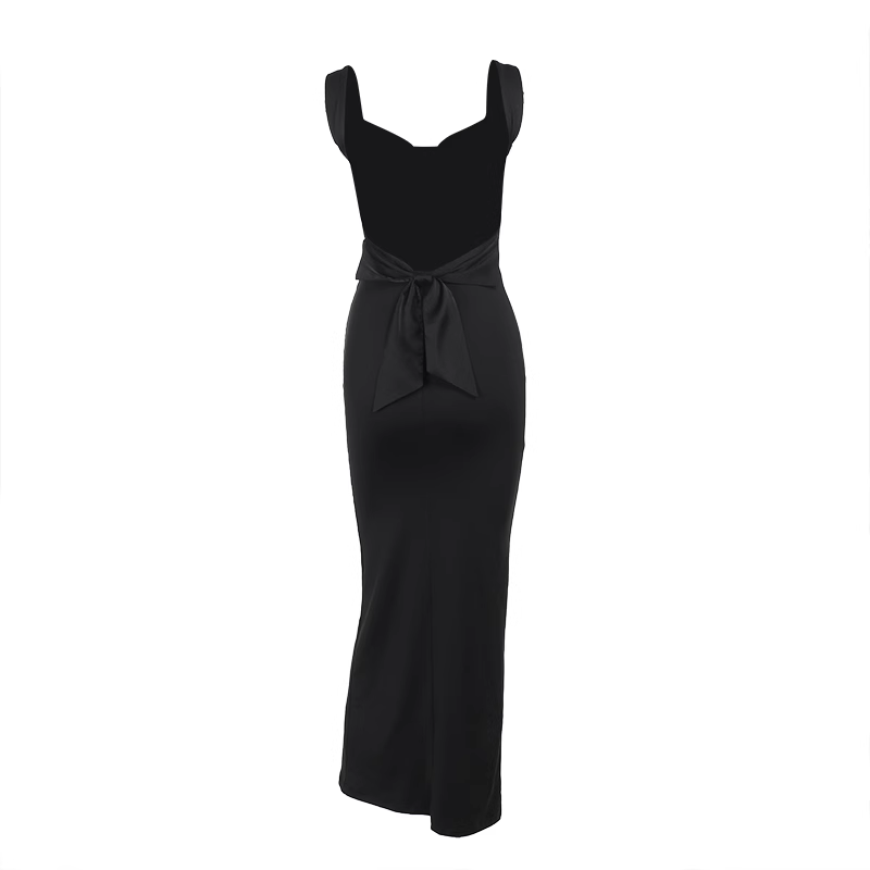 Sexy Black Bow Backless Spaghetti Straps Long  Birthday Dress Holiday Dress YM2223