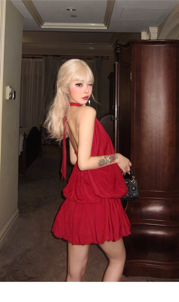 Red Halter Backless Short Prom Dress Birthday Outfits YM2012