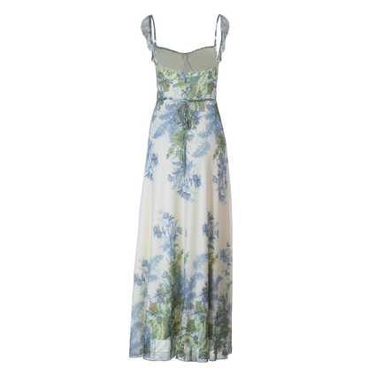 Fashion Green Printed Floral Straps Birthday Dress Women's Sexy Long Holiday Dress YM2280