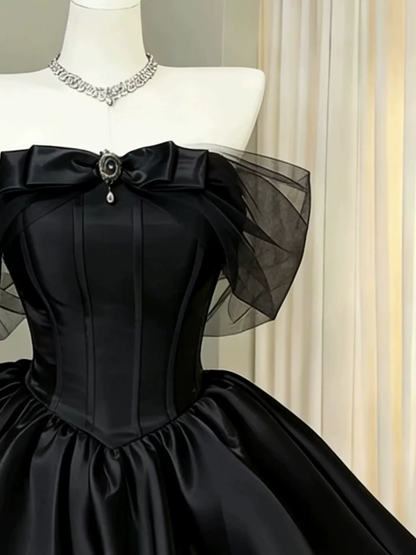 Classy Black Bow Off The Shoulder Satin A Line Short Prom Dress Mini Birthday Dress YM2462