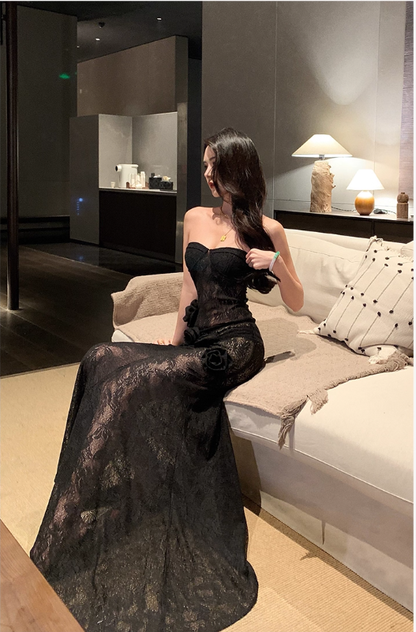 Sexy Floral Lace Strapless Evening Dress Black Long Party Dress YM2174