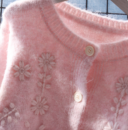 Pink Round Neck Sweater Jacket Sweet Outer Long-Sleeved Knitted Cardigan YM2382