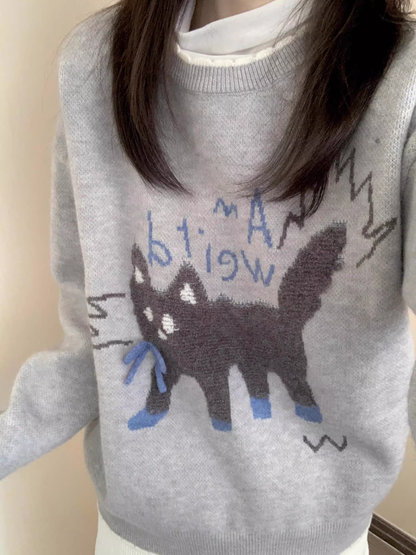 Kitten Jacquard Pullover Knitted Cardigan Gray Cute Autumn Sweater YM2397
