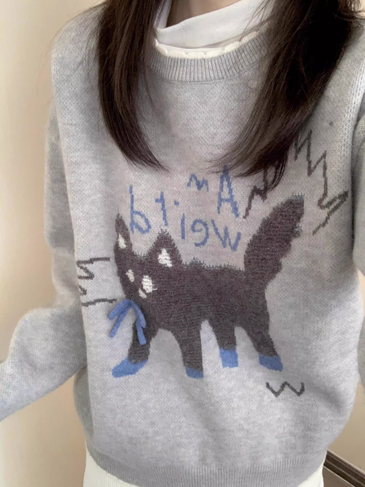 Kitten Jacquard Pullover Knitted Cardigan Gray Cute Autumn Sweater YM2397