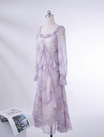 Purple Fairy-Like Ruffle Long-Sleeve Prom Dress Off The Shoulder Party Dress YM2043