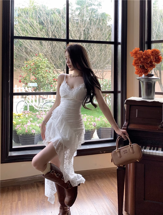 French Lace V-neck Suspender Dress Summer Vacation Dress Irregular White Long Holiday Dress YM2111