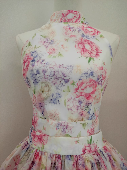 New Arrival Backless Lace-up Printed Halter Top + High Waist Ruffled Dress YM2098