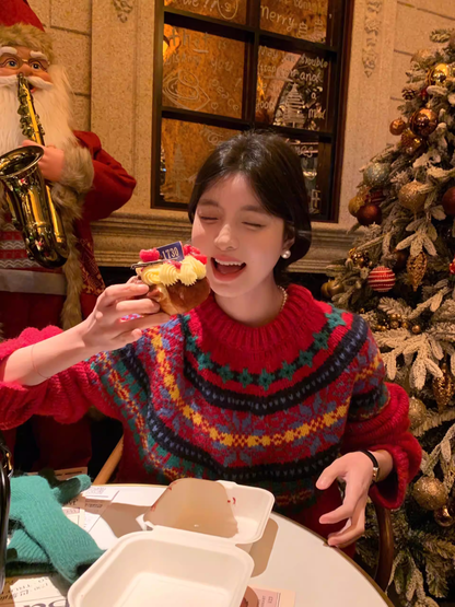 Fair Isle Red Sweater, Thick And Loose Knitwear, Christmas And New Year Sweater YM2419