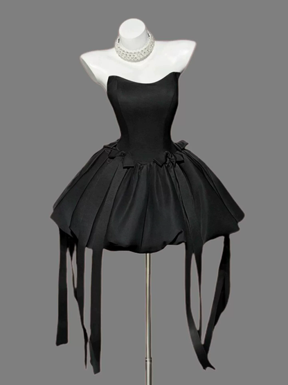 Fashion Strapless Black Satin Bow A Line Short Birthday Dress Cocktail Dress YM2464