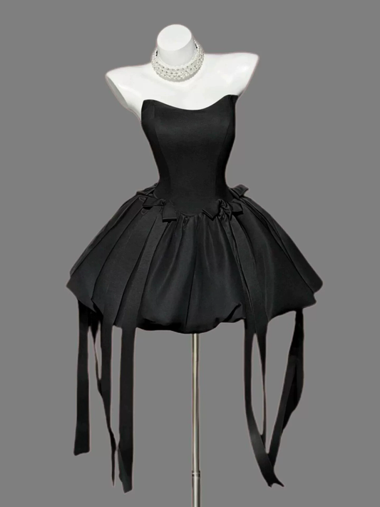 Fashion Strapless Black Satin Bow A Line Short Birthday Dress Cocktail Dress YM2464