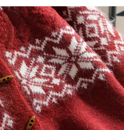 Vintage Fair Isle Jacquard Horn Button Red Sweater Coat YM2444